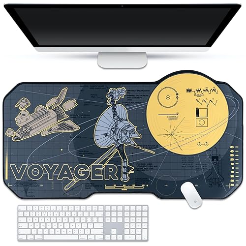BelugaDesign Space Desk Pad | Voyager Spaceship Moon Galaxy Science SciFi Nerdy Mouse Pad | Large Gray Gold Keyboard Laptop Gaming Mousepad | Machine Washable Non-Slip Desk Blotter Protector Mat - Gray