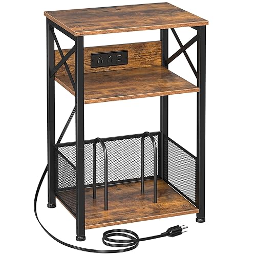 AMHANCIBLE Record Player Stand with Charging Station, Turntable Stand with Storage Cabinet, 3 Tier End Table Hold Up to 100 Albums, Record Stand for Vinyl, Living Room, Rustic Brown, HETCD01BR-1 - Brown - Small