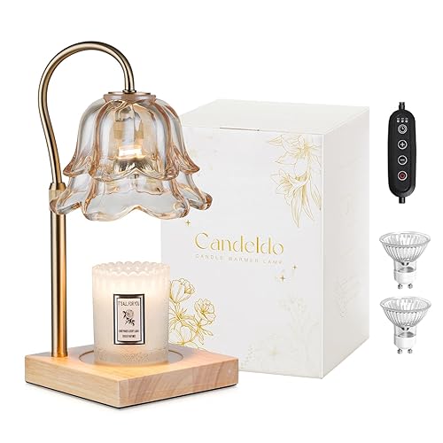 Candeldo Candle Warmer Lamp with Timer: Flower Candle Warmers with 2 Bulbs Gold Height Adjustable Candle Lamps Home Bedroom Decor House Warming Christmas Gift Mothers Day Mom Gift for Women - Gold Flower