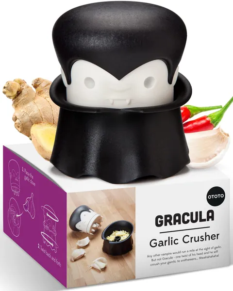 OTOTO Gracula Garlic Crusher - Halloween Kitchen Accessories - Twist Top Garlic Mincer & Easy Squeeze Manual Garlic Press & Peeler - BPA Free, Easy Clean & Dishwasher Safe - 