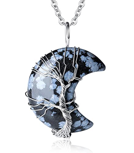 XIANNVXI Tree of Life Wire Wrapped Crescent Moon Pendant Necklace Reiki Healing Crystal Stone Necklaces Natural Gemstone Quartz Jewelry for Women - Black-Snowflake Obsidian