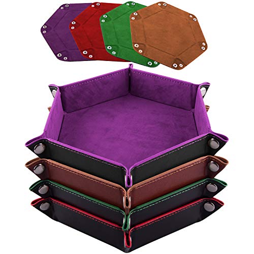 SIQUK 4 Pieces Dice Tray Hexagon Dice Rolling Tray Folding PU Leather Velvet Dice Tray for Dungeons and Dragons RPG DND Dice Game, 4 Colours - Violet, Coffee, Green and Red