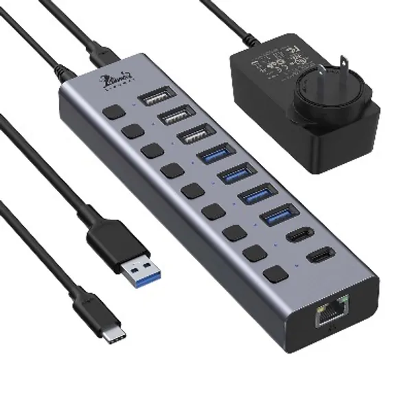 Universal Powered USB 3.0/USB C Hub,10-Port USB Splitter with Ethernet Port, 3 USB Charging, 4 USB 3.0, 2 USB C, Individual On/Off Switch 12V/5A AC Adapter, USB Hub for MacBook/Dell/HP/Lenovo Laptops