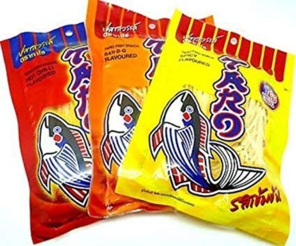 Taro Fish Snack BBQ, Hot Chili, Spicy Thai Food No Fat High Protein (3 x 30 g.) by Thai Premium (Original Version)