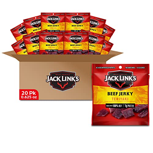 Jack Link's Beef Jerky, Teriyaki, Multipack Bags - Flavorful Meat Snack for Lunches, Ready to Eat - 7g of Protein, Made with Premium Beef, No Added MSG - 0.625 oz (Pack of 20) - Teriyaki - 0.63 Ounce (Pack of 20)
