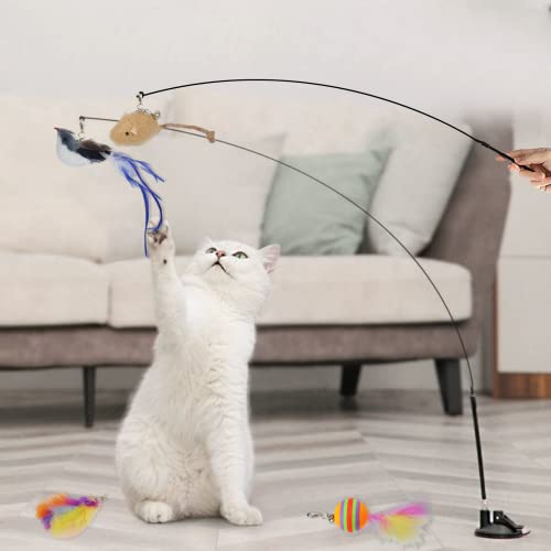 Cat Toys Hands-Free 4 Pack Cat Toys Wand Auto Interactive Natural Bird Feather, Suction Cup Pet Indoor Dancing Playing Toys, Suction Cup Pet Indoor Dancing Playing Toy… - Blue