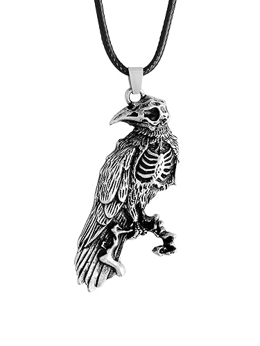 HAQUIL Raven Skull Necklace, Gothic Witchy Raven Bird Skeleton Skull Pendant, Faux Leather Cord, Goth Jewelry Gift