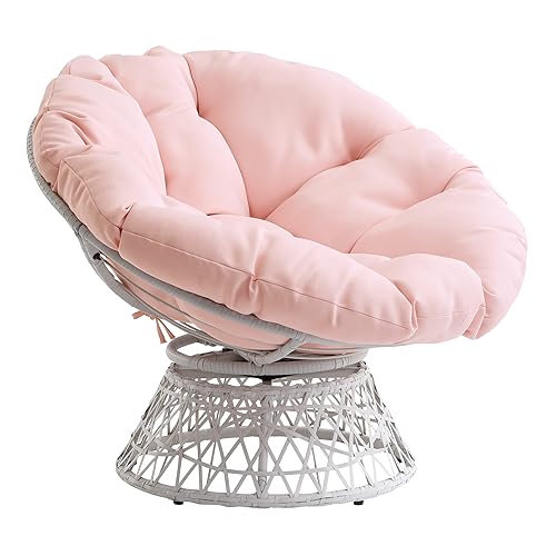 OSP Home Furnishings Wicker Papasan Chair with 360-Degree Swivel, Cream Frame with Pink Cushion - Cream Frame With Pink Cushion - Bohemian