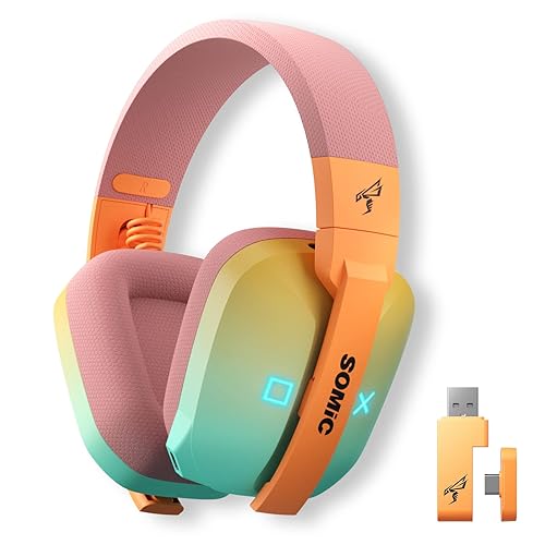 SOMIC G810 Wireless Headset 2.4G Low Latency Headset for PC PS4 PS5 Laptop, Bluetooth 5.2 Wireless Headphone with Built-in Mic, 50H Playtime, RGB Light Foldable for Gamer (Xbox Only Work in Wired) - Gradient Orange Green