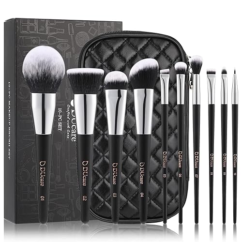 DUcare Makeup Brushes with Case 10Pcs Travel Makeup Brushset Women Gift Premium Synthetic Kabuki Foundation Blending Brush Face Powder Blush Concealers Eye Shadows with bag - 10Pcs