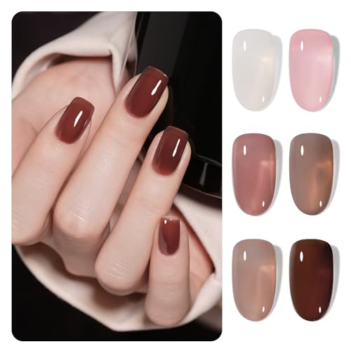 GAOY Rose Brown Jelly Gel Nail Polish of 6 Transparent Brown Pink Whiter Colors Sheer Gel Polish Kit for Salon Gel Manicure and Nail Art DIY at Home - Rose Brown