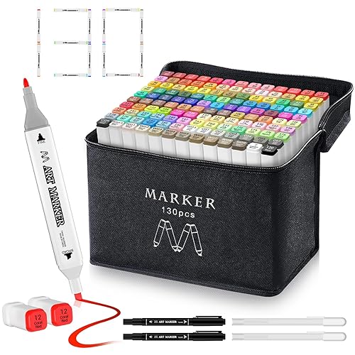 Banral 130 Colors Dual Tip Alcohol Based Markers, Twin Sketch Art Markers Set Pens for Artists Kids Adult Coloring Drawing Sketching Card Making Illustration, Premium Brush Markers with Case - 130 Colors