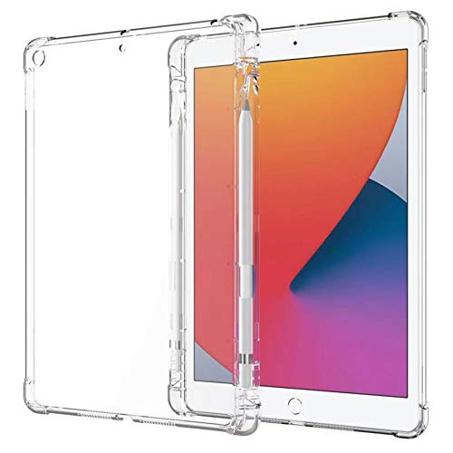 SFFINE Clear Case for New iPad 10.2 7th/8th/9th Generation 2021/2020/2019 with Pencil Holder, Shockproof Thin Slim Transparent Flexible TPU Gel Silicon Back Cover Protective Shell Fit iPad 10.2 Inch - Pencil Holder