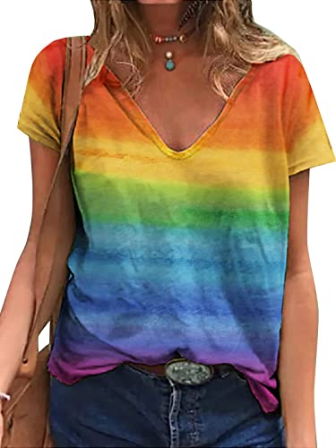 Pride Shirt for Women Rainbow Graphic T-Shirt LGBT Equality Tee Summer Short Sleeve V Neck Tops - Medium - Rainbow