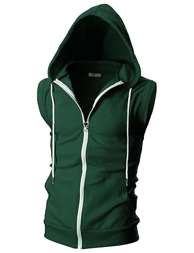 Ohoo Mens Slim Fit Sleeveless Lightweight Zip Up Hooded Sweatshirt Vest Hoodie - Dcf012-green - Large