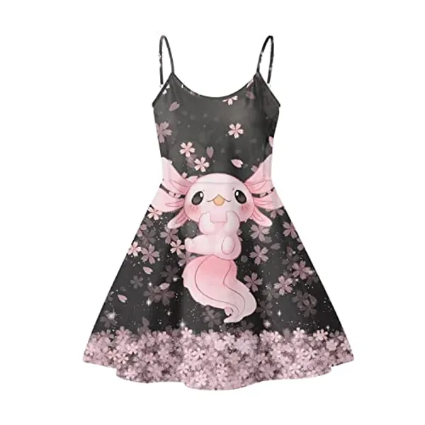 Dremagia Women's Summer Spaghetti Strap Dress Sleeveless Swing Dress for Beach Party - Pink Axolotl Sakura - X-Large