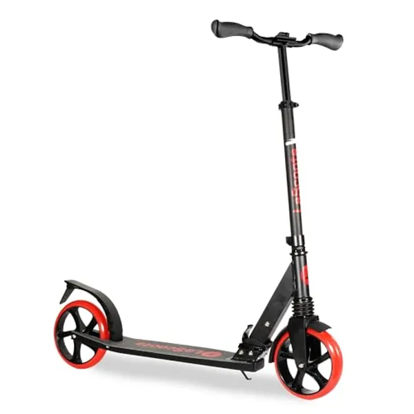 LaScoota Kick Scooter for Kids Ages 6+, Teens & Adults, Large 8" Sturdy Urethane Wheels. Adjustable Handlebar, Lightweight, Foldable, 220lbs Max Load - Red - Scooter