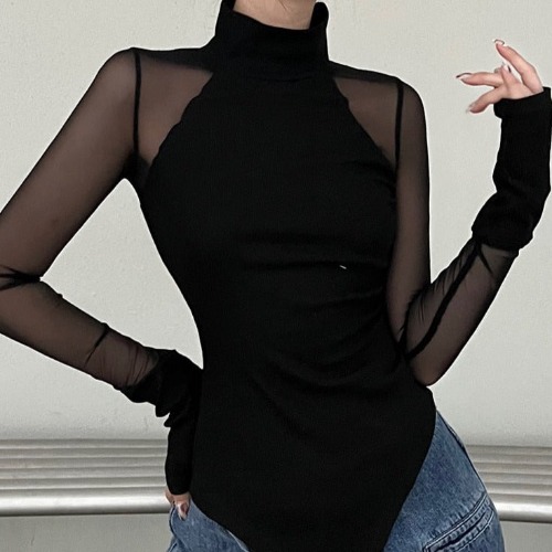 'Perception' Black Alt Gothic Mesh Transparent Bodysuit - Black / L