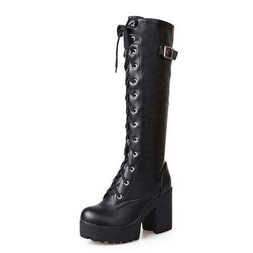 'Long Night' Black Goth Knee High Lace up Boots - black shoes / 9.5