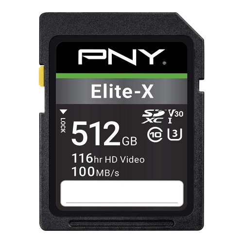 PNY 512GB Elite-X Class 10 U3 V30 SDXC Flash Memory Card - 100MB/s, Class 10, U3, V30, 4K UHD, Full HD, UHS-I, Full Size SD - 512GB FLASH CARD