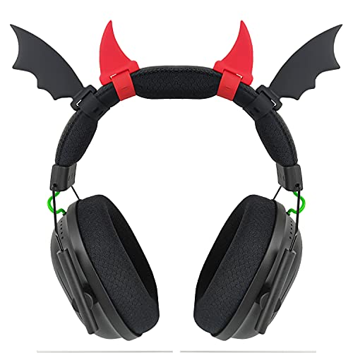 RUKUHOT Halloween Black Bat Wings + Red Devil Horns Headphone Attachment, Bat Devil Horns Headband Headset Decor, Cosplay Props Bat Wing for Halloween Christmas Party Dress Up Accessories - Bat wings -Black,Devil horn-Red