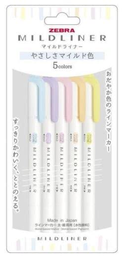 Zebra WKT7-5C-YC Line Marker, Thick and Thin, Water-Based Pigment, Mild Color, 5 Colors - 