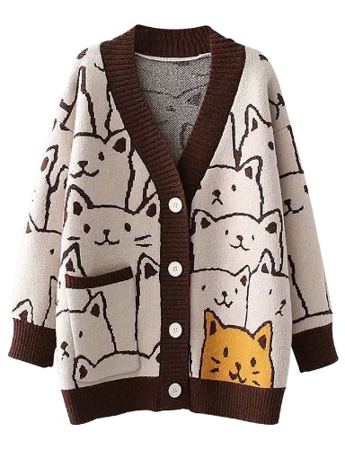 Arssm Cat Cardigan Sweater for Women Kawaii Cartoon Oversized Knit Loose Fit V Neck Printed Cardigan Coat - Brown X-Large