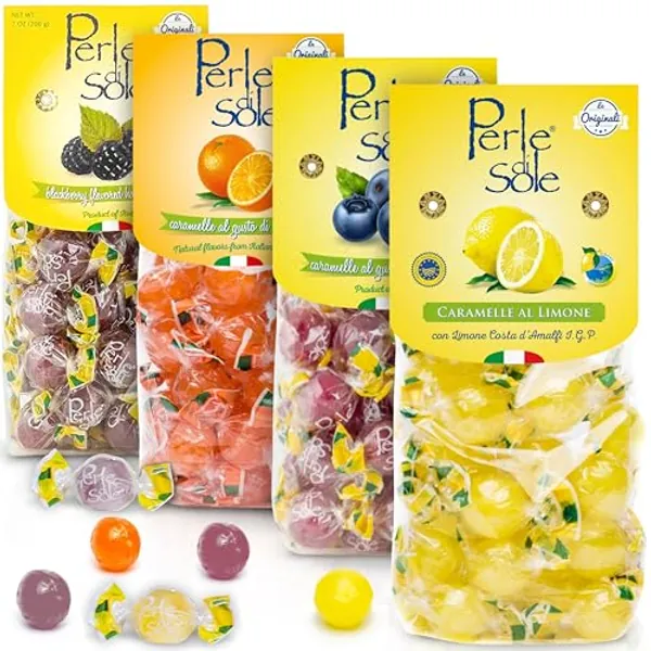 Perle di Sole Candy from Italy - Italian Hard Candy Individually Wrapped - Variety Pack Lemon Drops, Orange, Blackberry, Blueberry (Mix of 4 x 7.05oz Bag)