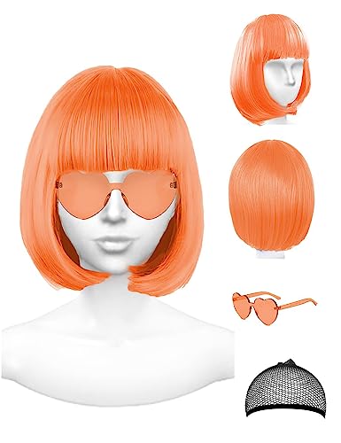 PLANTURECO Orange Wig and Party Sunglasses, Color Bob Wig, Cosplay Wigs and Party Wigs, Rainbow Wig with Neon Glasses Wigs for Women - Bachelorette Party Wigs Decorations Favors (Orange) - Orange