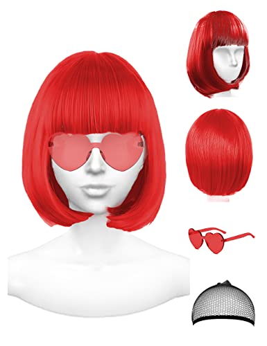 PLANTURECO Red Wig and Party Sunglasses, Red Wig for Women, Red Wig with Bangs, Red Bob Wig and Short Red Wig, Bright Red Wig with Neon Glasses Red Wig for Women - Bachelorette Party Wigs - Red