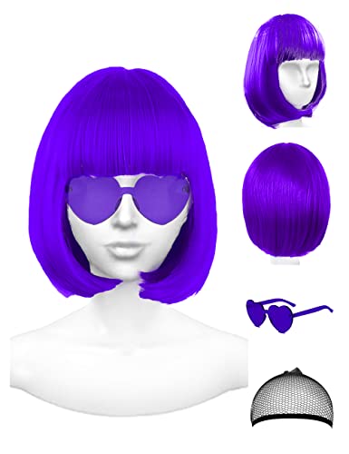 PLANTURECO Purple Wig and Party Sunglasses, Purple Wigs for Women, Dark Purple Wig,Purple Wig with Bangs, Purple Bob Wig and Short Purple Wig, Rainbow Wig with Neon Glasses - Bachelorette Party Wigs Decorations Favors - Purple