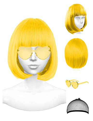PLANTURECO Yellow Wig and Party Sunglasses, Color Bob Wig, Cosplay Wigs and Party Wigs, Rainbow Wig with Neon Glasses Yellow Wigs for Women - Bachelorette Party Wigs Decorations Favors (Yellow) - Yellow