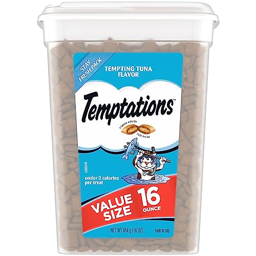 TEMPTATIONS Classic Crunchy and Soft Cat Treats Tempting Tuna Flavor, 16 oz. Tub - 1 Pound (Pack of 1)