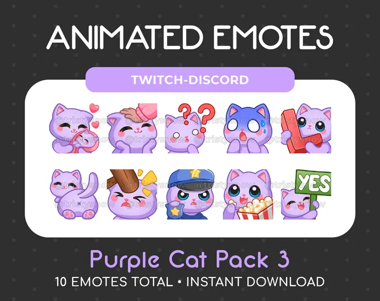 10 Animated + Static Cute Purple Cat Emotes (Pack 3)