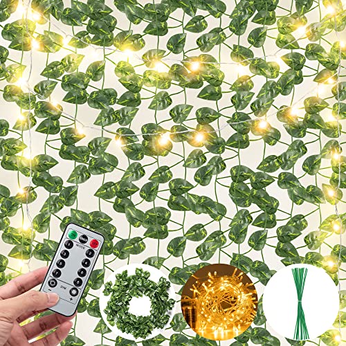 JACKYLED 80Ft 12 Pack Artificial Ivy Garland, Pothos Money Leaves with CE Certified 80 LED String Lights, Hanging Ivy Lights for Bedroom Garden Party Wall Room Decor - Green Potho - 12Pack-32Ft LED