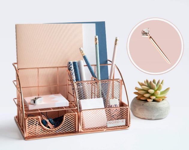 Rose Gold Desk Organiser and Storage for Your Accessories - Cute Office Decor for Women and Girls - Pink Set for Pencil Holder, Paper, File, School Supplies - Desk Organisers and Accessories