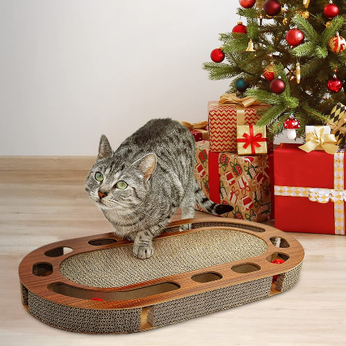 Pfotenolymp® Lekbräda för katt – interaktiv kattleksak/klösbräda gjord av korrugerad kartong – klösbräda – matleksak med lekboll och kattmynta