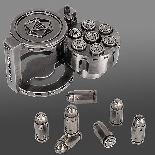 CZYY Metal Polyhedral Bullet Dice Set of 7 with Spinning Revolver Cylinder Container - Cyberpunk Style Dice for Warhammer 40K, D&D, Sci-Fi, War, or Crime Theme Tabletop Games (Sliver) - Sliver