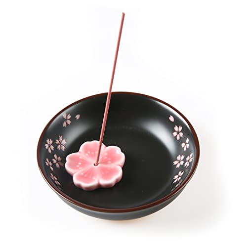 Japanese Ceramic Handmade Cute Cherry Blossom Incense Stick Holder or Incense Burner Holder, Unique Ash Catcher Inscent Tray and Decorative Gift, Home Decor 4.8 inches, Round Pink - B-black（round） - Large