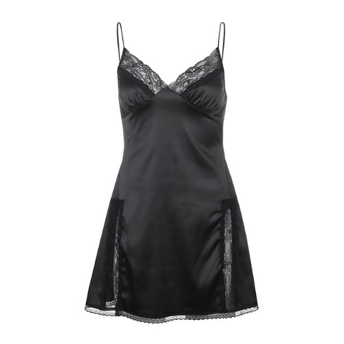'Dressed to Kill' Black Satin Lace Strap Dress - Black / S