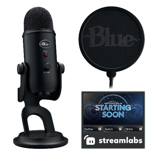 Logitech Blue Yeti Game Streaming Kit with Yeti USB Gaming Mic, Blue VO!CE Software, Exclusive Streamlabs Themes, Custom Blue Pop Filter, PC/Mac/PS4/PS5 - Blackout Gaming Microphone