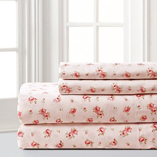 Modern Threads Soft Microfiber Rose Printed Sheets - Luxurious Microfiber Bed Sheets - Includes Flat Sheet, Fitted Sheet with Deep Pockets, & Pillowcases - Blush - Full