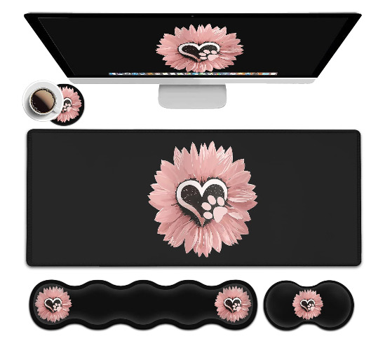 Memory Foam Keyboard Wrist Rest Support + Large Gaming Mouse Pad + Ergonomic Mouse Wrist Support Set, Extended Desk Pad with Stitched Edges 31.5"×11.8", Cute Dog paw, Pink Flowers Black Desk Mat - JV-mouse pad-8-29