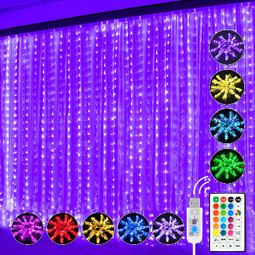 shuangjishan String Light Curtain,300 Led Window Curtain String Light,Fairy Light Curtain,16 Changing Color Hanging Lights,9.8 Ft X 9.8ft,USB Remote Control &Timer,Waterfall Lights for Bedroom Wall - more colorful