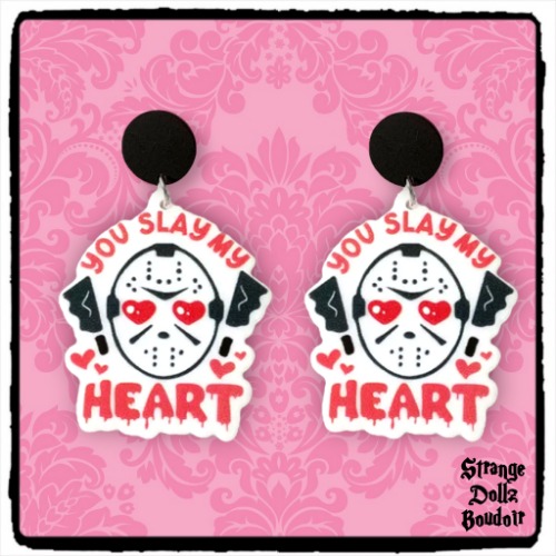 Valentines earrings, Slasher Friday Horror movie, 925 sterling silver, double-sided print, Camp Crystal Lake, Strange Dollz Boudoir