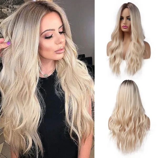 Esmee 26 Inches Long Blonde Wigs for Women Natural Synthetic Hair Ombre Blonde Wig with Dark Roots Synthetic Wig Loose Wavy Wigs Heat Resistant - Blonde