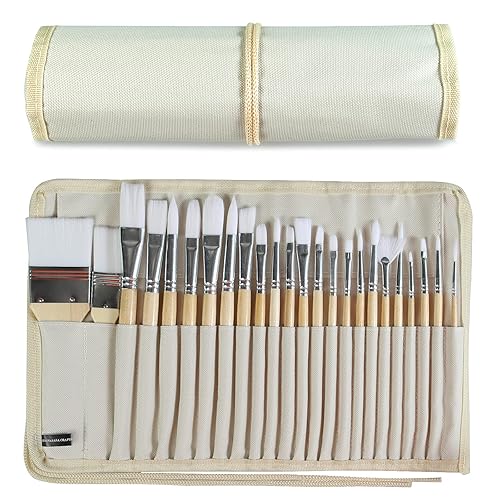 Paint Brushes Set of 24 Pieces Wooden Handles Brushes with Canvas Brush Case, Professional for Oil, Acrylic and Watercolor Painting - Large