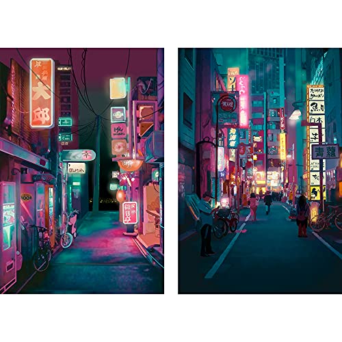 Japan Art Poster Set of 2 - Japanese Print Artwork on Canvas Roll - Tokyo Anime Wall Art Picture Gift - Preppy Night City Wall Decor Poster for Room Aesthetic Bedroom Kitchen Living UNFRAMED 11x14 - Set of 2 Poster 24x36''