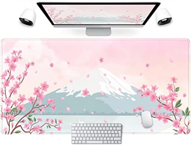 Japanese Desk Mat Pastel Pink Cherry Blossom Mouse Pad Mt Fuji Japan Large Gaming Anime Mousepad XXL 31.5x15.75 in, Kawaii Aesthetic Flower Cute Women Office Decor Computer Laptop Keyboard Mat - C-pastel Pink Cherry Blossom