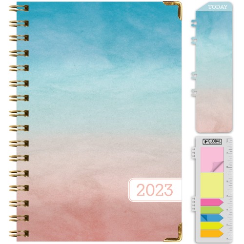 HARDCOVER 2023 Planner: (November 2022 Through December 2023) 5.5"x8" Daily Weekly Monthly Planner Yearly Agenda. Bookmark, Pocket Folder and Sticky Note Set (Blue Pink Gradient) - MEDIUM: 5.5" x 8"